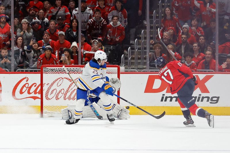 Nov 22, 2023; Washington, District of Columbia, USA; Washington Capitals center Dylan Strome (17) scores the game winning goal in overtime on Buffalo Sabres goaltender Devon Levi (27) at Capital One Arena. Mandatory Credit: Geoff Burke-USA TODAY Sports