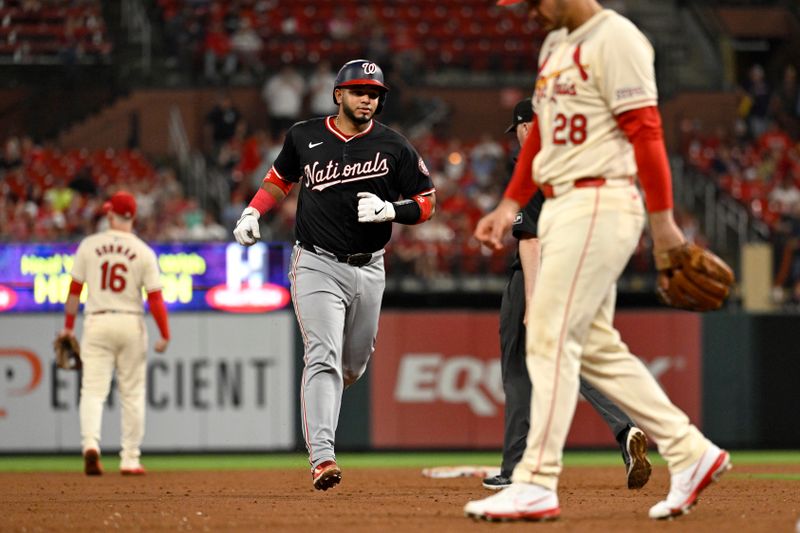 Jul 27, 2024; St. Louis, Missouri, USA; Washington Nationals catcher Keibert Ruiz (20) runs the bases after hitting a three- run home run against the St. Louis Cardinals  during the sixth inning at Busch Stadium. Mandatory Credit: Jeff Le-USA TODAY Sports