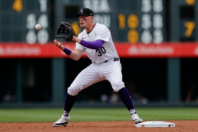 Aug 11, 2024; Denver, Colorado, USA; Colorado Rockies third base Aaron Schunk (30) fields a throw at second to turn the first half of a double play in the second inning against the Atlanta Braves at Coors Field. Mandatory Credit: Isaiah J. Downing-USA TODAY Sports