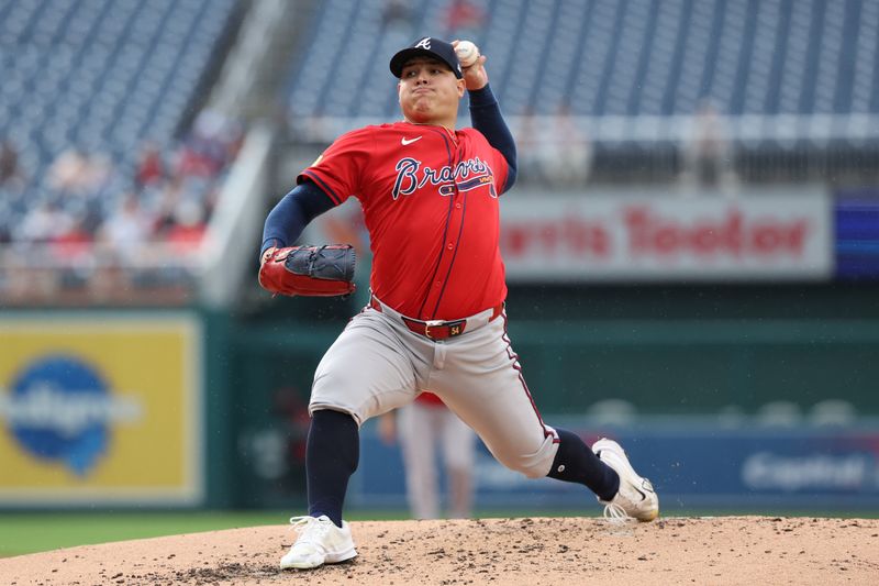 Sep 16, 2025; Washington, District of Columbia, USA; Atlanta Braves starting pitcher Jose Suarez (54) pitches against the Washington Nationals during the second inning at Nationals Park. Mandatory Credit: Geoff Burke-Imagn Images