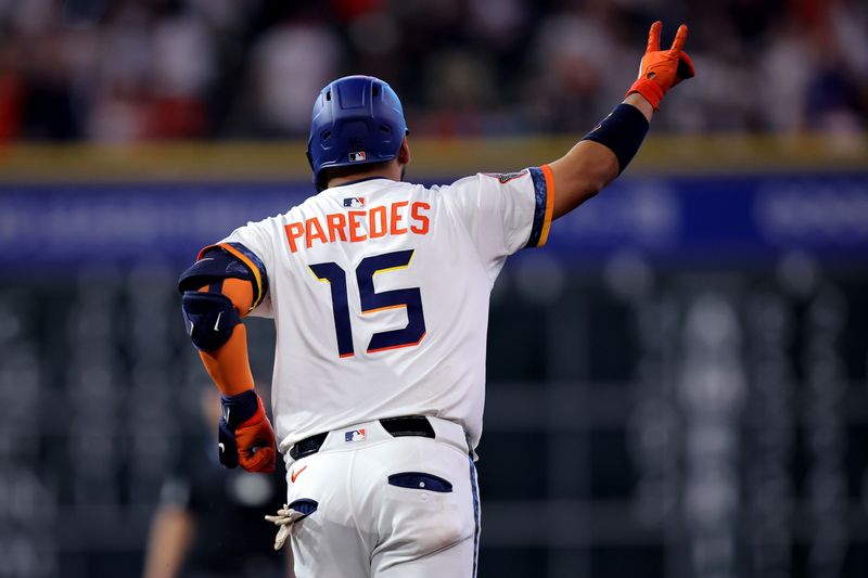 Apr 13, 2025; Houston, Texas, USA; Houston Astros third baseman Isaac Paredes (15) rounds the bases after hitting a three run home run to left field against the Los Angeles Angels during the second inning at Daikin Park. Mandatory Credit: Erik Williams-Imagn Images