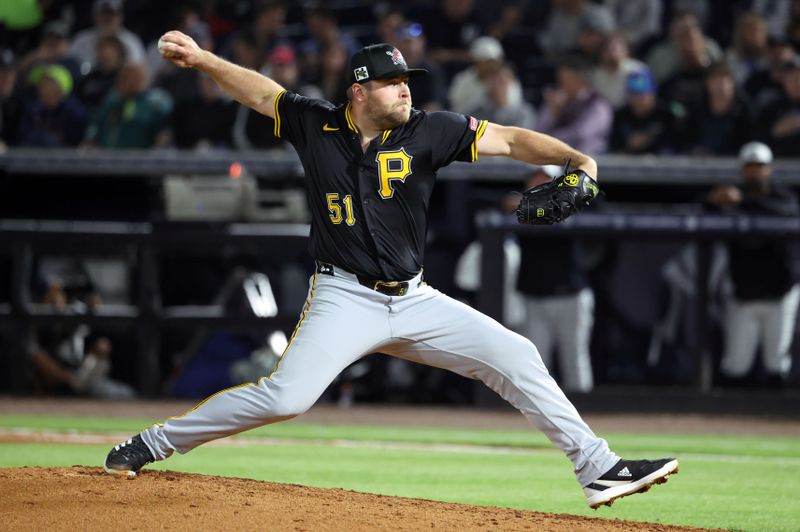 Mar 3, 2025; Tampa, Florida, USA;  Pittsburgh Pirates pitcher David Bednar (51) throws a pitch during the fourth inning  against the New York Yankees at George M. Steinbrenner Field. Mandatory Credit: Kim Klement Neitzel-Imagn Images