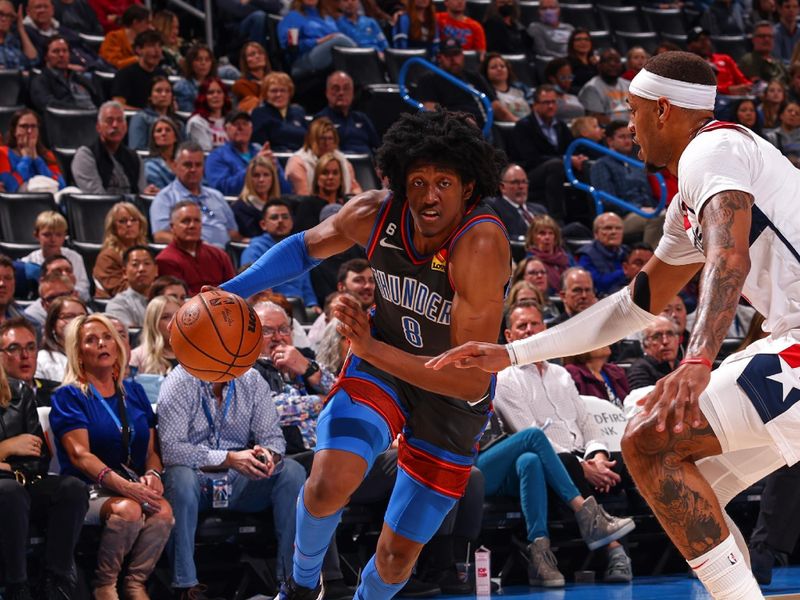 OKLAHOMA CITY, OK - JANUARY 6:  Jalen Williams #8 of the Oklahoma City Thunder drives to the basket during the game against the Washington Wizards on January 6, 2023 at Paycom Arena in Oklahoma City, Oklahoma. NOTE TO USER: User expressly acknowledges and agrees that, by downloading and or using this photograph, User is consenting to the terms and conditions of the Getty Images License Agreement. Mandatory Copyright Notice: Copyright 2023 NBAE (Photo by Zach Beeker/NBAE via Getty Images)