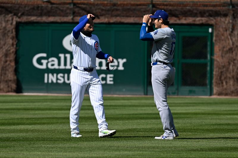 Apr 6, 2024; Chicago, Illinois, USA;  Chicago Cubs outfielder Seiya Suzuki (27) and Los Angeles Dodgers two-way player Shohei Ohtani (17) talk before their teams game at Wrigley Field. Mandatory Credit: Matt Marton-USA TODAY Sports