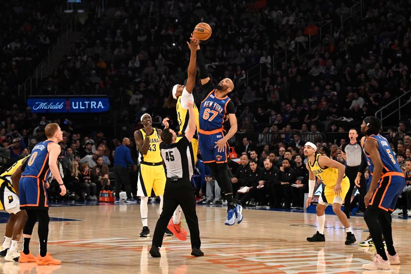 NEW YORK, NY - FEBRUARY 10: Myles Turner #33 of the Indiana Pacers and Taj Gibson #67 of the New York Knicks go for the opening tip-off on February 10, 2024 at Madison Square Garden in New York City, New York.  NOTE TO USER: User expressly acknowledges and agrees that, by downloading and or using this photograph, User is consenting to the terms and conditions of the Getty Images License Agreement. Mandatory Copyright Notice: Copyright 2024 NBAE  (Photo by David Dow/NBAE via Getty Images)