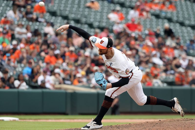 Jun 1, 2025; Baltimore, Maryland, USA; Baltimore Orioles pitcher Bryan Baker (43) throws during the ninth inning against the Chicago White Sox at Oriole Park at Camden Yards. Mandatory Credit: Daniel Kucin Jr.-Imagn Images