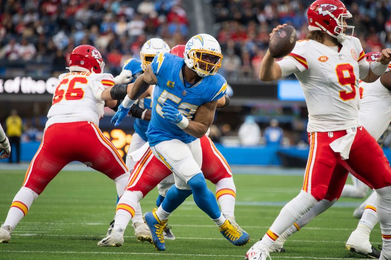 Los Angeles Chargers linebacker Khalil Mack (52) runs during an NFL football game against the Kansas City Chiefs, Sunday, Jan. 7, 2024, in Inglewood, Calif. (AP Photo/Kyusung Gong)