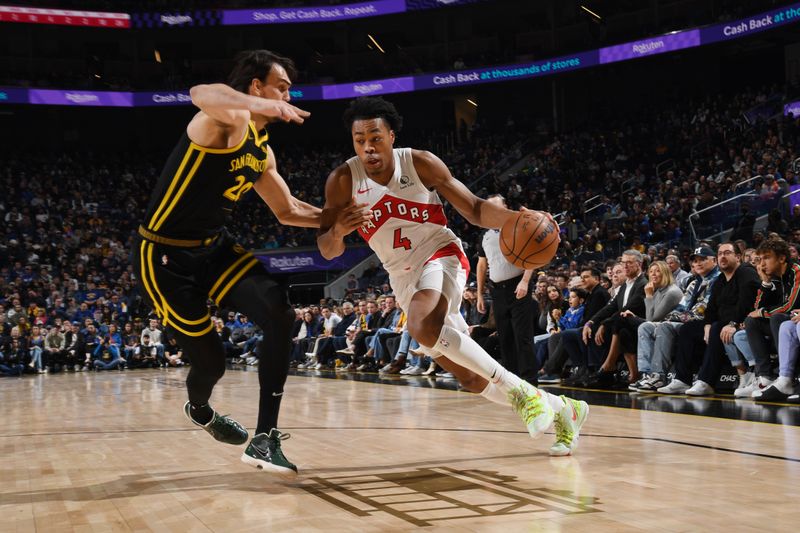 SAN FRANCISCO, CA - JANUARY 7: Scottie Barnes #4 of the Toronto Raptors dribbles the ball during the game against the Golden State Warriors on January 7, 2024 at Chase Center in San Francisco, California. NOTE TO USER: User expressly acknowledges and agrees that, by downloading and or using this photograph, user is consenting to the terms and conditions of Getty Images License Agreement. Mandatory Copyright Notice: Copyright 2024 NBAE (Photo by Noah Graham/NBAE via Getty Images)