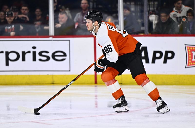 Jan 20, 2024; Philadelphia, Pennsylvania, USA; Philadelphia Flyers left wing Joel Farabee (86) controls the puck against the Colorado Avalanche in the third period at Wells Fargo Center. Mandatory Credit: Kyle Ross-USA TODAY Sports