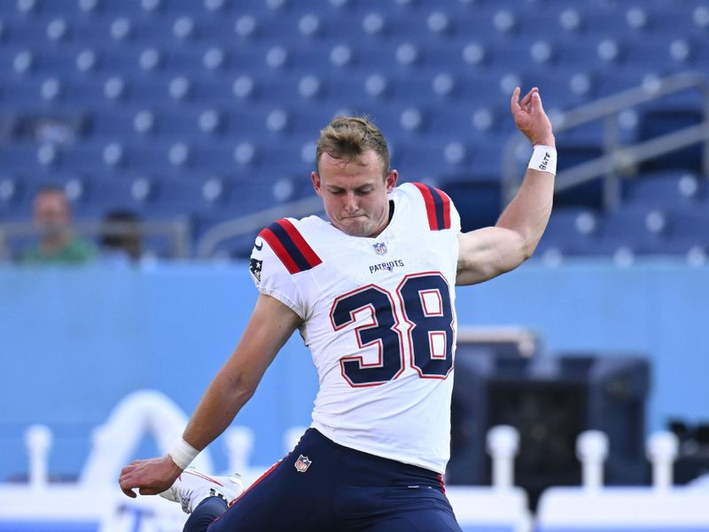 New England Patriots place-kicker Chad Ryland (38) warms up in the first half of an NFL preseason football game against the Tennessee Titans Friday, Aug. 25, 2023, in Nashville, Tenn. (AP Photo/John Amis)