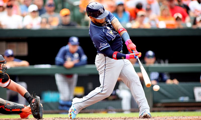 Jun 2, 2024; Baltimore, Maryland, USA; Tampa Bay Rays outfielder Harold Ramírez (43) swings during the fifth inning against the Baltimore Orioles at Oriole Park at Camden Yards. Mandatory Credit: Daniel Kucin Jr.-USA TODAY Sports