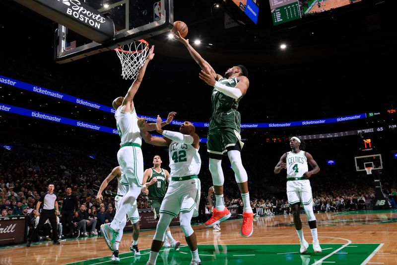 BOSTON, MA - OCTOBER 28: Giannis Antetokounmpo #34 of the Milwaukee Bucks shoots the ball during the game against the Boston Celtics on October 28, 2024 at TD Garden in Boston, Massachusetts. NOTE TO USER: User expressly acknowledges and agrees that, by downloading and/or using this Photograph, user is consenting to the terms and conditions of the Getty Images License Agreement. Mandatory Copyright Notice: Copyright 2024 NBAE (Photo by Brian Babineau/NBAE via Getty Images)