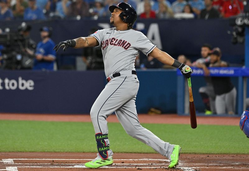 Aug 26, 2023; Toronto, Ontario, CAN;  Cleveland Guardians designated hitter Jose Ramirez (11) hits a solo home run against the Toronto Blue Jays in the first inning at Rogers Centre. Mandatory Credit: Dan Hamilton-USA TODAY Sports