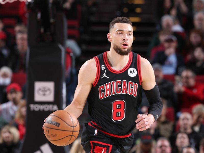 PORTLAND, OR - MARCH 24: Zach LaVine #8 of the Chicago Bulls moves the ball during the game against the Portland Trail Blazers on March 24, 2023 at the Moda Center Arena in Portland, Oregon. NOTE TO USER: User expressly acknowledges and agrees that, by downloading and or using this photograph, user is consenting to the terms and conditions of the Getty Images License Agreement. Mandatory Copyright Notice: Copyright 2023 NBAE (Photo by Sam Forencich/NBAE via Getty Images)