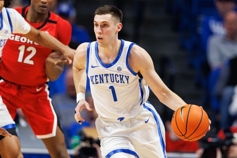 Jan 17, 2023; Lexington, Kentucky, USA; Kentucky Wildcats guard CJ Fredrick (1) handles the ball during the first half against the Georgia Bulldogs at Rupp Arena at Central Bank Center. Mandatory Credit: Jordan Prather-USA TODAY Sports