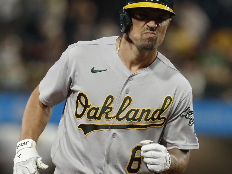 Jun 6, 2023; Pittsburgh, Pennsylvania, USA; Oakland Athletics second baseman Jace Peterson (6) reacts after hitting a two run home run against the Pittsburgh Pirates during the eighth inning at PNC Park. Mandatory Credit: Charles LeClaire-USA TODAY Sports