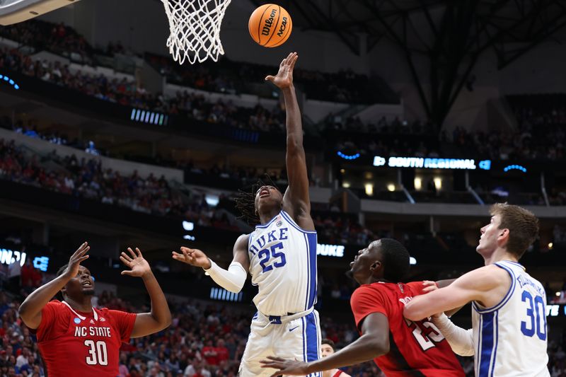 Mar 31, 2024; Dallas, TX, USA; Duke Blue Devils forward Mark Mitchell (25) shoots against North Carolina State Wolfpack forward Mohamed Diarra (23) and forward DJ Burns Jr. (30) in the second half in the finals of the South Regional of the 2024 NCAA Tournament at American Airline Center. Mandatory Credit: Tim Heitman-USA TODAY Sports