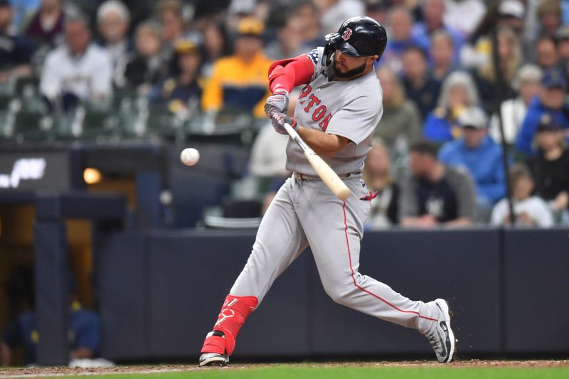 May 28, 2025; Milwaukee, Wisconsin, USA; Boston Red Sox right fielder Wilyer Abreu (52) hits a home run during the seventh inning against the Milwaukee Brewers at American Family Field. Mandatory Credit: Patrick Gorski-Imagn Images