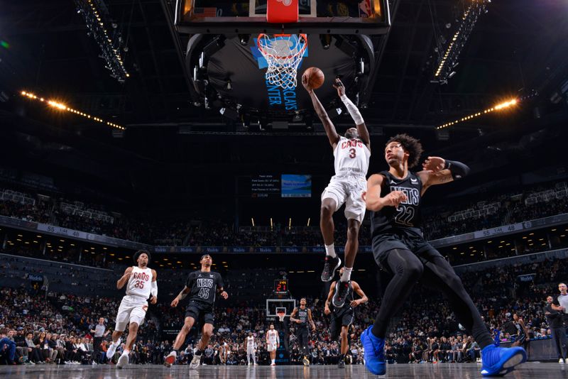 BROOKLYN, NY - FEBRUARY 8: Caris LeVert #3 of the Cleveland Cavaliers drives to the basket during the game against the Brooklyn Nets on February 8, 2024 at Barclays Center in Brooklyn, New York. NOTE TO USER: User expressly acknowledges and agrees that, by downloading and or using this Photograph, user is consenting to the terms and conditions of the Getty Images License Agreement. Mandatory Copyright Notice: Copyright 2024 NBAE (Photo by Jesse D. Garrabrant/NBAE via Getty Images)