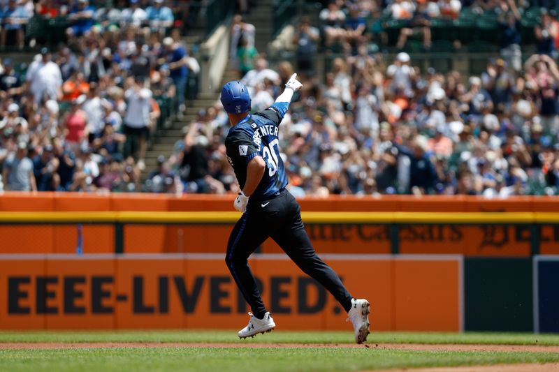 May 25, 2024; Detroit, Michigan, USA; Detroit Tigers outfielder Kerry Carpenter (30) hits a home run in the first inning of the game against the Toronto Blue Jays at Comerica Park. Mandatory Credit: Brian Bradshaw Sevald-USA TODAY Sports