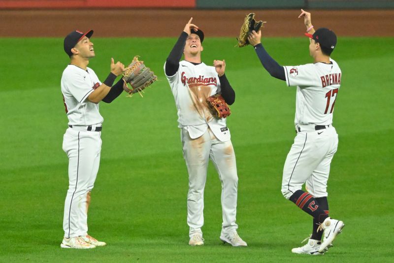 Jun 8, 2023; Cleveland, Ohio, USA; The Cleveland Guardians celebrate a win over the Boston Red Sox at Progressive Field. Mandatory Credit: David Richard-USA TODAY Sports