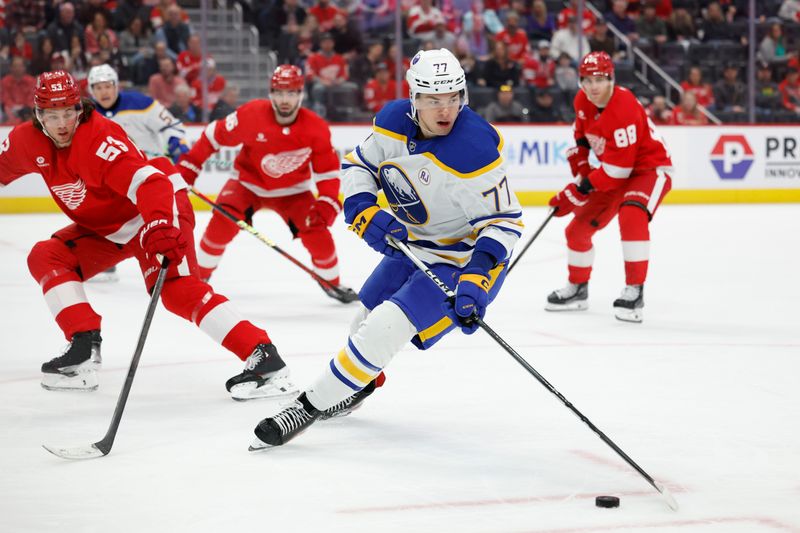 Mar 16, 2024; Detroit, Michigan, USA;  Buffalo Sabres right wing JJ Peterka (77) skates with the puck in the first period against the Detroit Red Wings at Little Caesars Arena. Mandatory Credit: Rick Osentoski-USA TODAY Sports