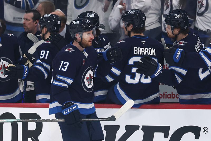 May 9, 2025; Winnipeg, Manitoba, CAN; Winnipeg Jets center Gabriel Vilardi (13) celebrates his goal against the Dallas Stars in the first period in game two of the second round of the 2025 Stanley Cup Playoffs at Canada Life Centre. Mandatory Credit: James Carey Lauder-Imagn Images