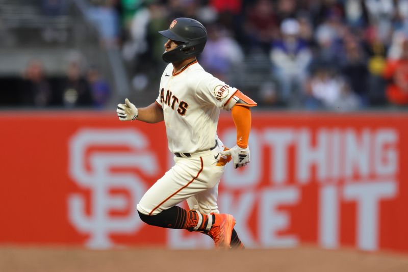 Jul 5, 2023; San Francisco, California, USA; San Francisco Giants outfielder Luis Matos (29) hits a triple during the sixth inning against the Seattle Mariners at Oracle Park. Mandatory Credit: Sergio Estrada-USA TODAY Sports