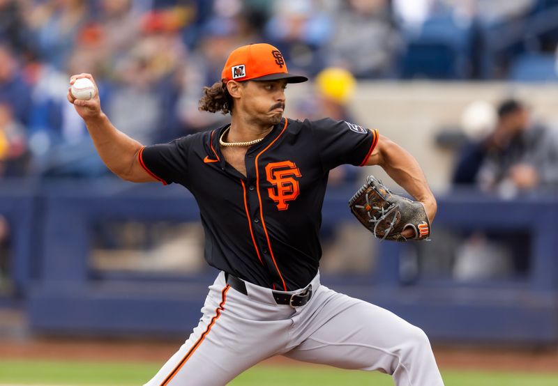 Mar 14, 2025; Phoenix, Arizona, USA; San Francisco Giants pitcher Jordan Hicks against the Milwaukee Brewers during a spring training game at American Family Fields of Phoenix. Mandatory Credit: Mark J. Rebilas-Imagn Images