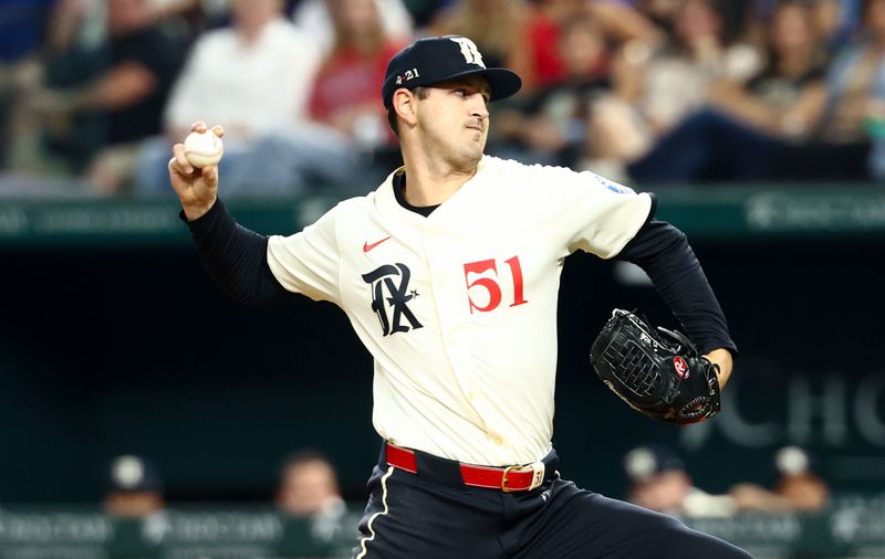 Sep 19, 2025; Arlington, Texas, USA;  Texas Rangers starting pitcher Tyler Mahle (51) throws during the first inning against the Miami Marlins at Globe Life Field. Mandatory Credit: Kevin Jairaj-Imagn Images