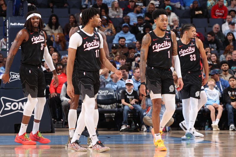 MEMPHIS, TN - NOVEMBER 25: The Portland Trail Blazers look on during the game against the Memphis Grizzlies on November 25, 2024 at FedExForum in Memphis, Tennessee. NOTE TO USER: User expressly acknowledges and agrees that, by downloading and or using this photograph, User is consenting to the terms and conditions of the Getty Images License Agreement. Mandatory Copyright Notice: Copyright 2024 NBAE (Photo by Joe Murphy/NBAE via Getty Images)