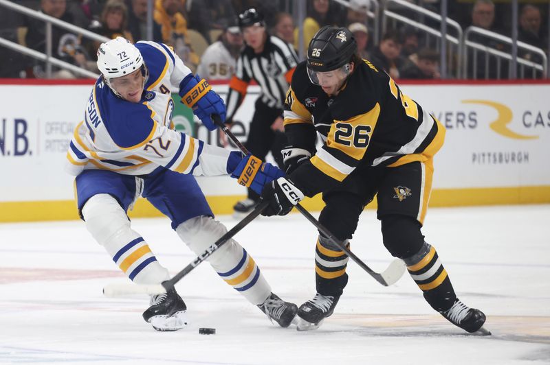 Nov 26, 2025; Pittsburgh, Pennsylvania, USA; Buffalo Sabres center Tage Thompson (72) and Pittsburgh Penguins center Tristan Broz (26) battles for the puck during the second period at PPG Paints Arena. Mandatory Credit: Charles LeClaire-Imagn Images