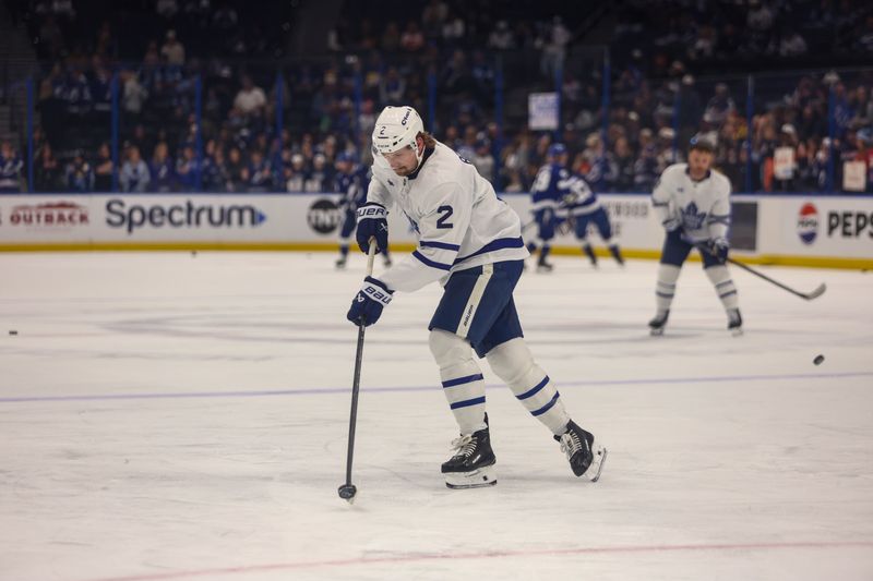 Feb 25, 2026; Tampa, Florida, USA; Toronto Maple Leafs defenseman Simon Benoit (2) during warm ups before the game against the Tampa Bay Lightning at Benchmark International Arena. Mandatory Credit: Morgan Tencza-Imagn Images