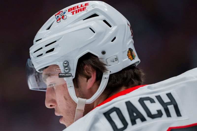 Mar 15, 2025; Vancouver, British Columbia, CAN; Chicago Blackhawks forward Colton Dach (28) during warm up prior to a game against the Vancouver Canucks at Rogers Arena. Mandatory Credit: Bob Frid-Imagn Images