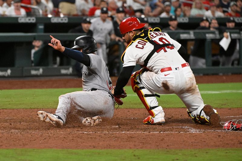 Jul 1, 2023; St. Louis, Missouri, USA; New York Yankees right fielder Isiah Kiner-Falefa (12) is safe at home plate ahead of a tag from St. Louis Cardinals catcher Willson Contreras (40) in the eighth inning in game two of a double header at Busch Stadium. Mandatory Credit: Joe Puetz-USA TODAY Sports