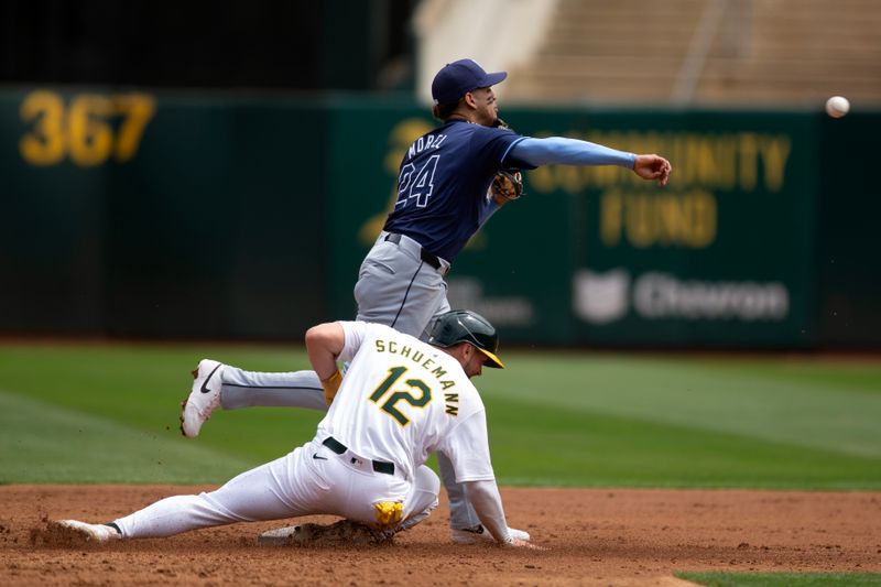 Aug 22, 2024; Oakland, California, USA; Tampa Bay Rays second baseman Christopher Morel (24) throws over Oakland Athletics shortstop Max Schuemann (12) to complete a double play during the second inning at Oakland-Alameda County Coliseum. Mandatory Credit: D. Ross Cameron-USA TODAY Sports