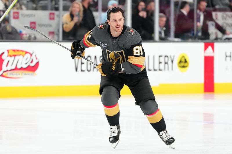 Dec 10, 2023; Las Vegas, Nevada, USA; Vegas Golden Knights right wing Jonathan Marchessault (81) warms up before the start of a game against the San Jose Sharks at T-Mobile Arena. Mandatory Credit: Stephen R. Sylvanie-USA TODAY Sports