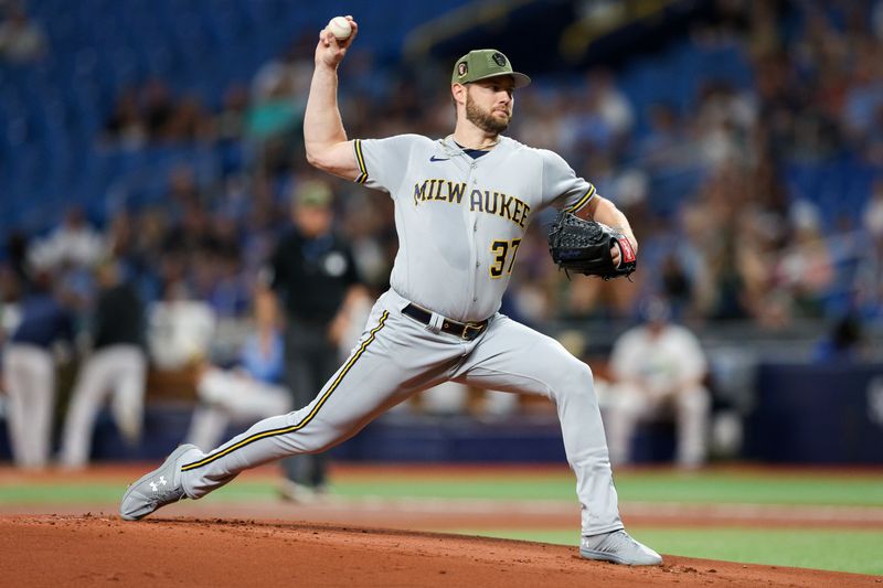 May 19, 2023; St. Petersburg, Florida, USA;  Milwaukee Brewers starting pitcher Adrian Houser (37) throws a pitch against the Tampa Bay Rays in the first inning at Tropicana Field. Mandatory Credit: Nathan Ray Seebeck-USA TODAY Sports