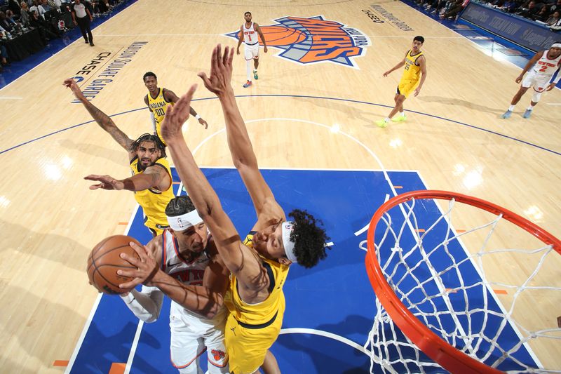 NEW YORK, NY - OCTOBER 25: Josh Hart #3 of the New York Knicks drives to the basket during the game against the Indiana Pacers on October 25, 2024 at Madison Square Garden in New York City, New York.  NOTE TO USER: User expressly acknowledges and agrees that, by downloading and or using this photograph, User is consenting to the terms and conditions of the Getty Images License Agreement. Mandatory Copyright Notice: Copyright 2024 NBAE  (Photo by David L. Nemec/NBAE via Getty Images)