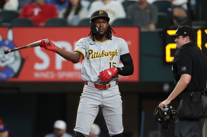 Aug 19, 2024; Arlington, Texas, USA; Pittsburgh Pirates shortstop Oneil Cruz (15) reacts after striking out in the first inning against the Texas Rangers at Globe Life Field. Mandatory Credit: Tim Heitman-USA TODAY Sports