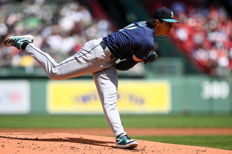 Apr 24, 2025; Boston, Massachusetts, USA; Seattle Mariners starting pitcher Bryan Woo (22) pitches against the Boston Red Sox during the first inning at Fenway Park. Mandatory Credit: Brian Fluharty-Imagn Images
