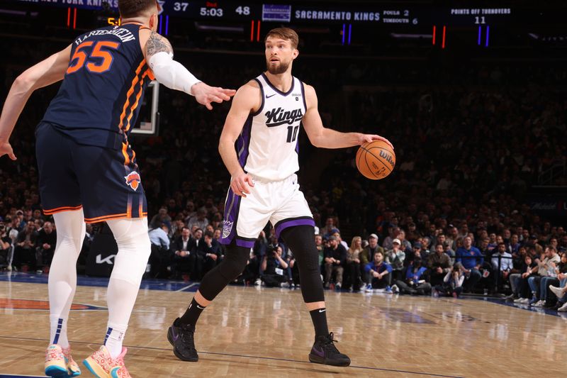 NEW YORK, NY - APRIL 4: Domantas Sabonis #10 of the Sacramento Kings dribbles the ball during the game against the New York Knicks on April 4, 2024 at Madison Square Garden in New York City, New York.  NOTE TO USER: User expressly acknowledges and agrees that, by downloading and or using this photograph, User is consenting to the terms and conditions of the Getty Images License Agreement. Mandatory Copyright Notice: Copyright 2024 NBAE  (Photo by Nathaniel S. Butler/NBAE via Getty Images)