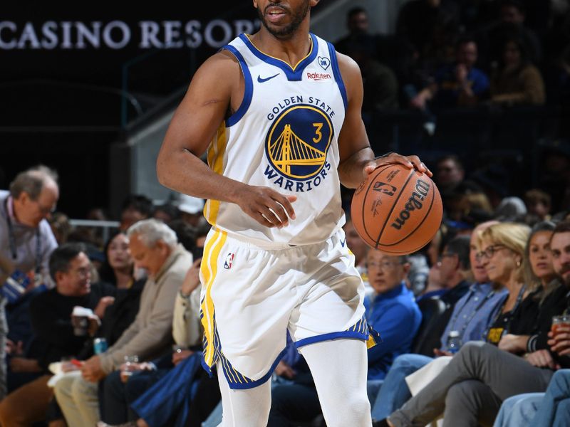 SAN FRANCISCO, CA - APRIL 14: Chris Paul #3 of the Golden State Warriors dribbles the ball during the game against the Utah Jazz on April 14, 2024 at Chase Center in San Francisco, California. NOTE TO USER: User expressly acknowledges and agrees that, by downloading and or using this photograph, user is consenting to the terms and conditions of Getty Images License Agreement. Mandatory Copyright Notice: Copyright 2024 NBAE (Photo by Noah Graham/NBAE via Getty Images)