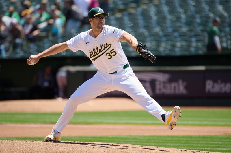 May 5, 2024; Oakland, California, USA; Oakland Athletics starting pitcher Joe Boyle (35) throws a pitch against the Miami Marlins during the first inning at Oakland-Alameda County Coliseum. Mandatory Credit: Robert Edwards-USA TODAY Sports