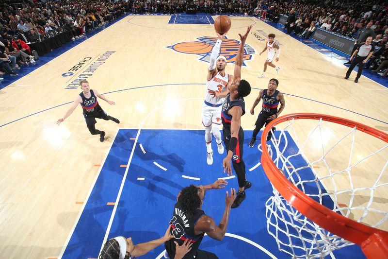 NEW YORK, NY - MARCH 25:  Josh Hart #3 of the New York Knicks shoots the ball during the game against the Detroit Pistons on March 25, 2024 at Madison Square Garden in New York City, New York.  NOTE TO USER: User expressly acknowledges and agrees that, by downloading and or using this photograph, User is consenting to the terms and conditions of the Getty Images License Agreement. Mandatory Copyright Notice: Copyright 2024 NBAE  (Photo by David L. Nemec /NBAE via Getty Images)