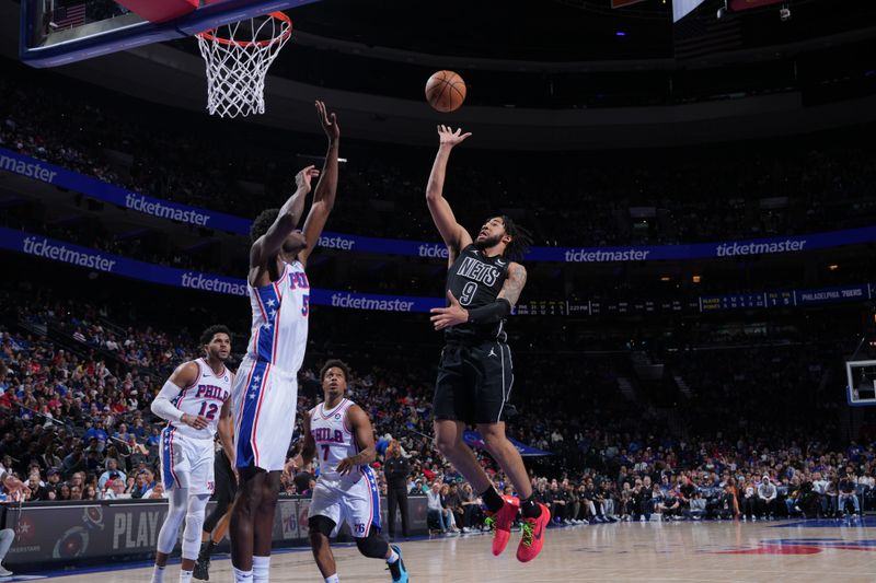 PHILADELPHIA, PA - APRIL 14: Trendon Watford #9 of the Brooklyn Nets shoots the ball during the game against the Philadelphia 76ers on April 14, 2024 at the Wells Fargo Center in Philadelphia, Pennsylvania NOTE TO USER: User expressly acknowledges and agrees that, by downloading and/or using this Photograph, user is consenting to the terms and conditions of the Getty Images License Agreement. Mandatory Copyright Notice: Copyright 2024 NBAE (Photo by Jesse D. Garrabrant/NBAE via Getty Images)