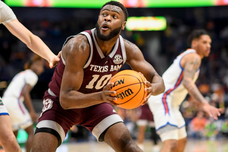 Mar 16, 2024; Nashville, TN, USA;  Texas A&M Aggies forward Wildens Leveque (10) post against the Florida Gators during the first half at Bridgestone Arena. Mandatory Credit: Steve Roberts-USA TODAY Sports