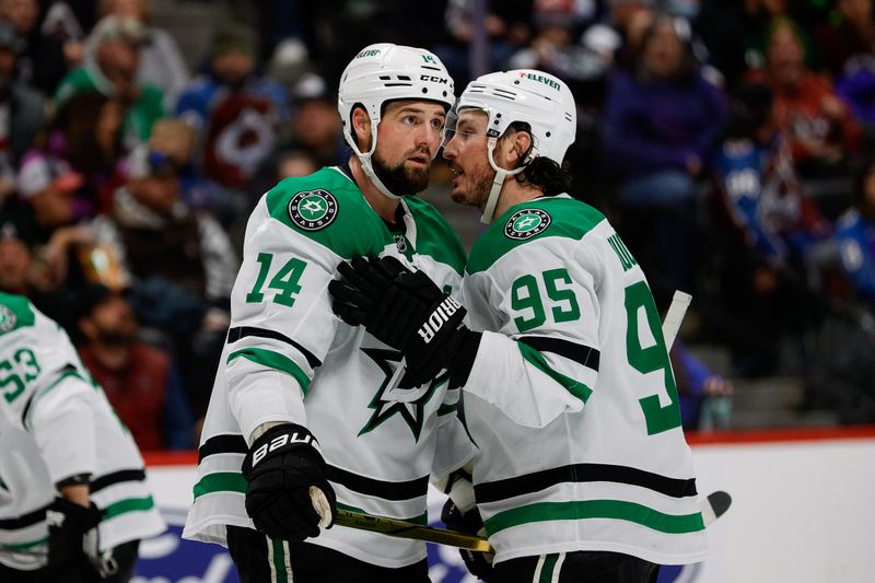 Jan 18, 2025; Denver, Colorado, USA; Dallas Stars left wing Jamie Benn (14) and center Matt Duchene (95) in the first period against the Colorado Avalanche at Ball Arena. Mandatory Credit: Isaiah J. Downing-Imagn Images