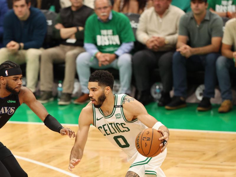 BOSTON, MA - JUNE 6: Jayson Tatum #0 of the Boston Celtics drives to the basket during the game against the Dallas Mavericks during Game One of the 2024 NBA Finals on June 6, 2024 at the TD Garden in Boston, Massachusetts. NOTE TO USER: User expressly acknowledges and agrees that, by downloading and or using this photograph, User is consenting to the terms and conditions of the Getty Images License Agreement. Mandatory Copyright Notice: Copyright 2024 NBAE  (Photo by Lauren Leigh Bacho/NBAE via Getty Images)