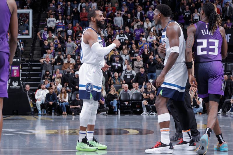 SACRAMENTO, CA - NOVEMBER 15: Anthony Edwards #5 and Mike Conley #10 of the Minnesota Timberwolves celebrates during the game against the Sacramento Kings during the Emirates NBA Cup game on November 15, 2024 at Golden 1 Center in Sacramento, California. NOTE TO USER: User expressly acknowledges and agrees that, by downloading and or using this Photograph, user is consenting to the terms and conditions of the Getty Images License Agreement. Mandatory Copyright Notice: Copyright 2024 NBAE (Photo by Rocky Widner/NBAE via Getty Images)